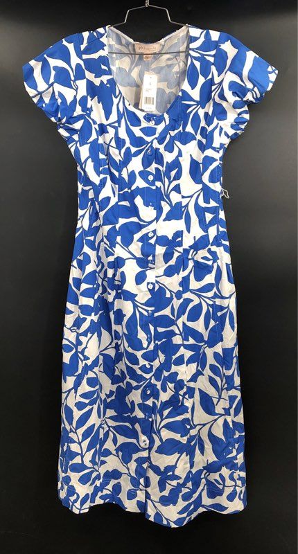 Philosophy Women's Blue White Leaf Print Button Front Cotton Midi Dress Sz L NWT