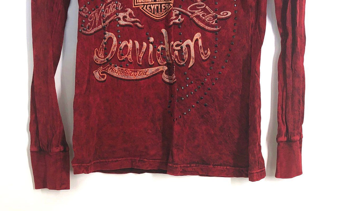 Harley-Davidson Red River Texas Studded V-Neck Long Sleeve Shirt Red Sz S