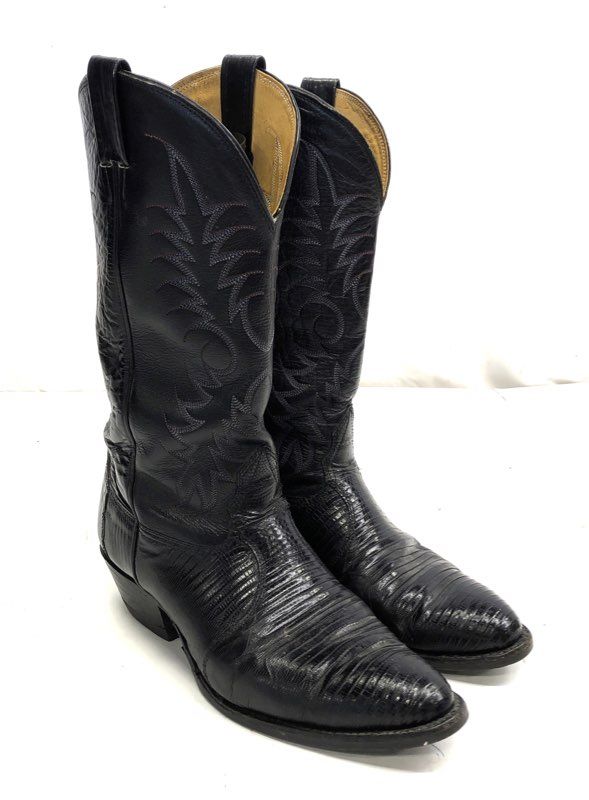 Vintage Nocona Black Teju Lizard Leather Cowboy Boots Men's Size 9.5 EE
