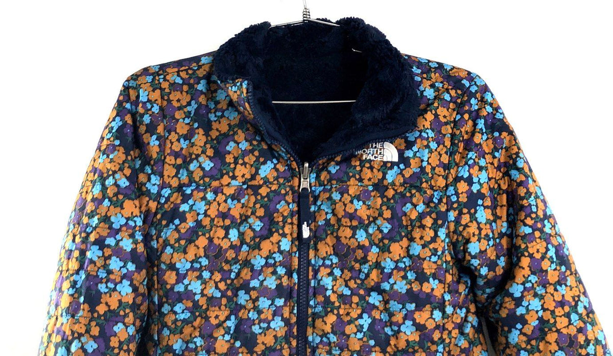 The North Face Girl's Mossbud Swirl Reversible Jacket Floral Navy Orange Sz M