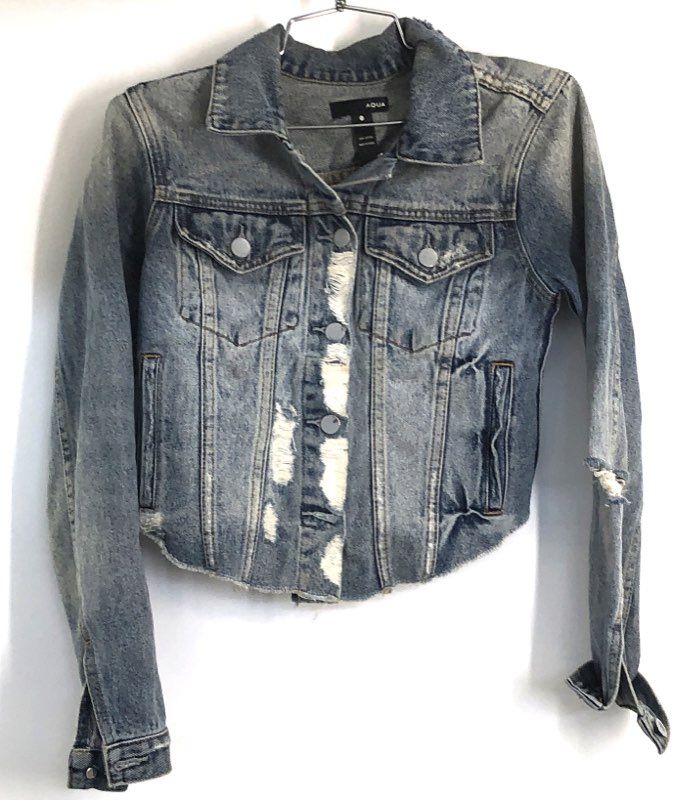 Aqua Women's Blue Distressed Destructed Cropped Denim Jacket Sz XS