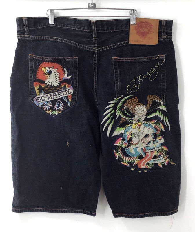 Vintage Y2K Ed Hardy Men's Dark Wash Embroidered Eagle Skull Denim Shorts Sz 42
