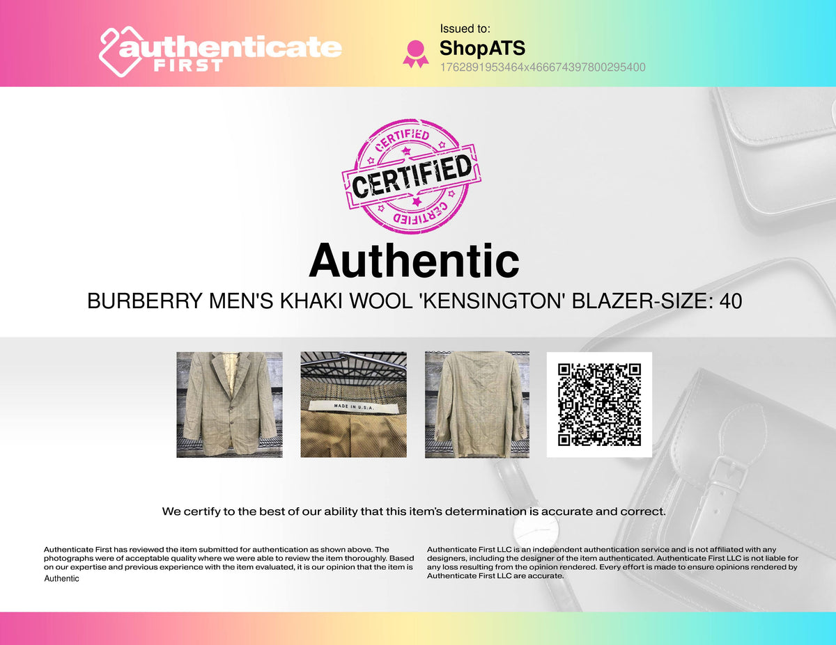 Burberry Vintage Men's Khaki Wool 'Kensington' Blazer-Size: 40 (+COA)