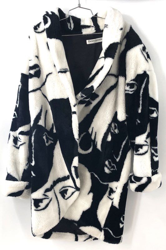 Vintage 80s Donnybrook Women's Faux Fur Coat Black White Faces Print Art Sz S