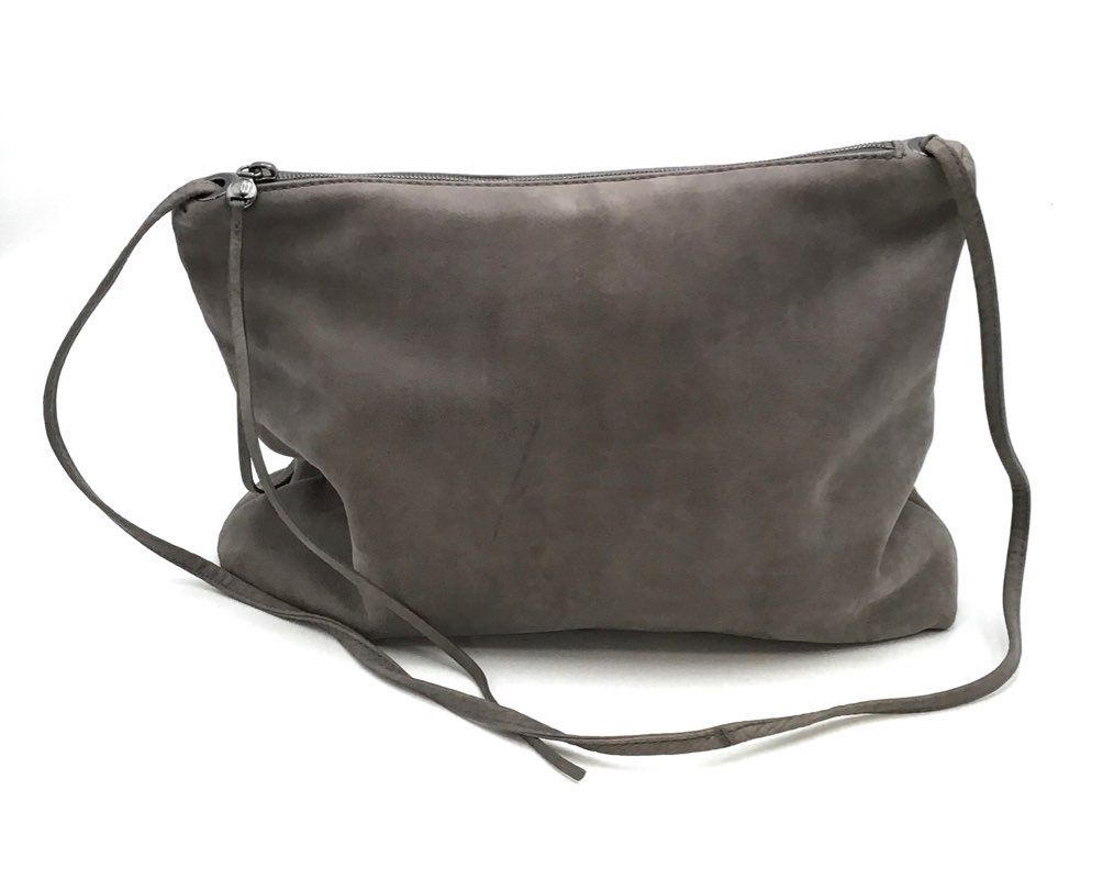 Hobo Gray Taupe Suede Leather Slouchy Crossbody Bag Purse Silver Hardware
