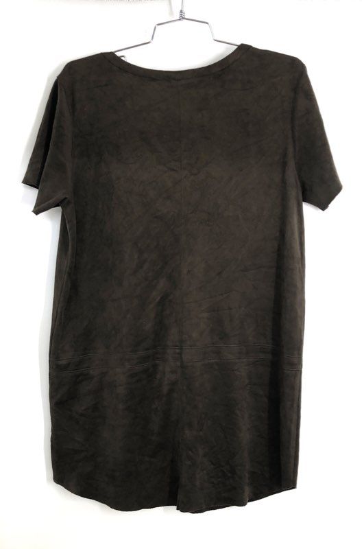 Olivaceous Women's Olive Faux Suede Short Sleeve Scoop Neck Shift Dress Sz L