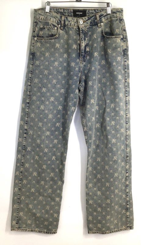 Represent Men's R3 Monogram Baggy Denim Blue Acid Wash Jeans Size 32