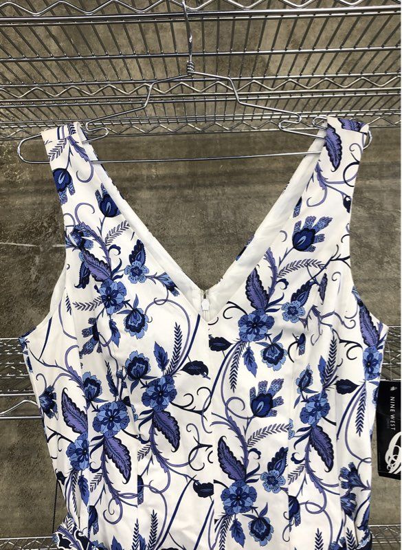 Nine West Women's Dress White Blue Floral A-Line V-Neck Belted Sz 14 NWT