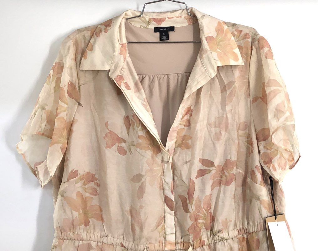 Halogen Women's Silver Pink Floral Tencel Tiered Drawstring Dress NWT Sz 1X