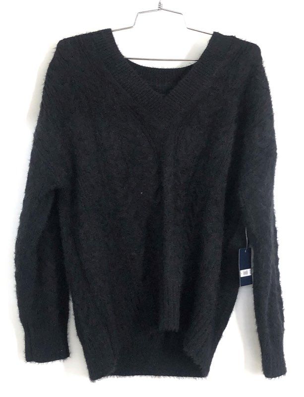 Lucky Brand Women's Black Fuzzy Cable Knit V-Neck Deep V-Back Sweater Sz M NWT