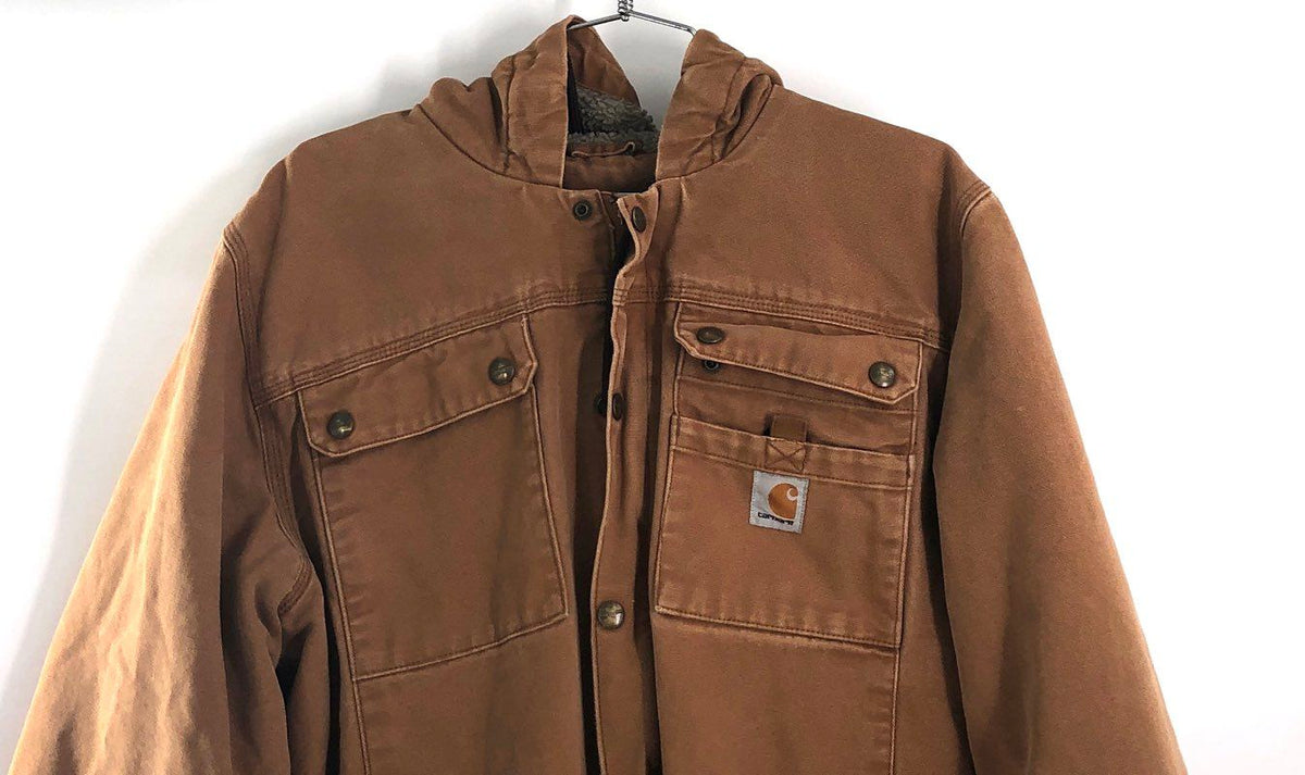 Carhartt Men's Bartlett Jacket Brown Sherpa Lined Cotton Duck Hooded Sz M