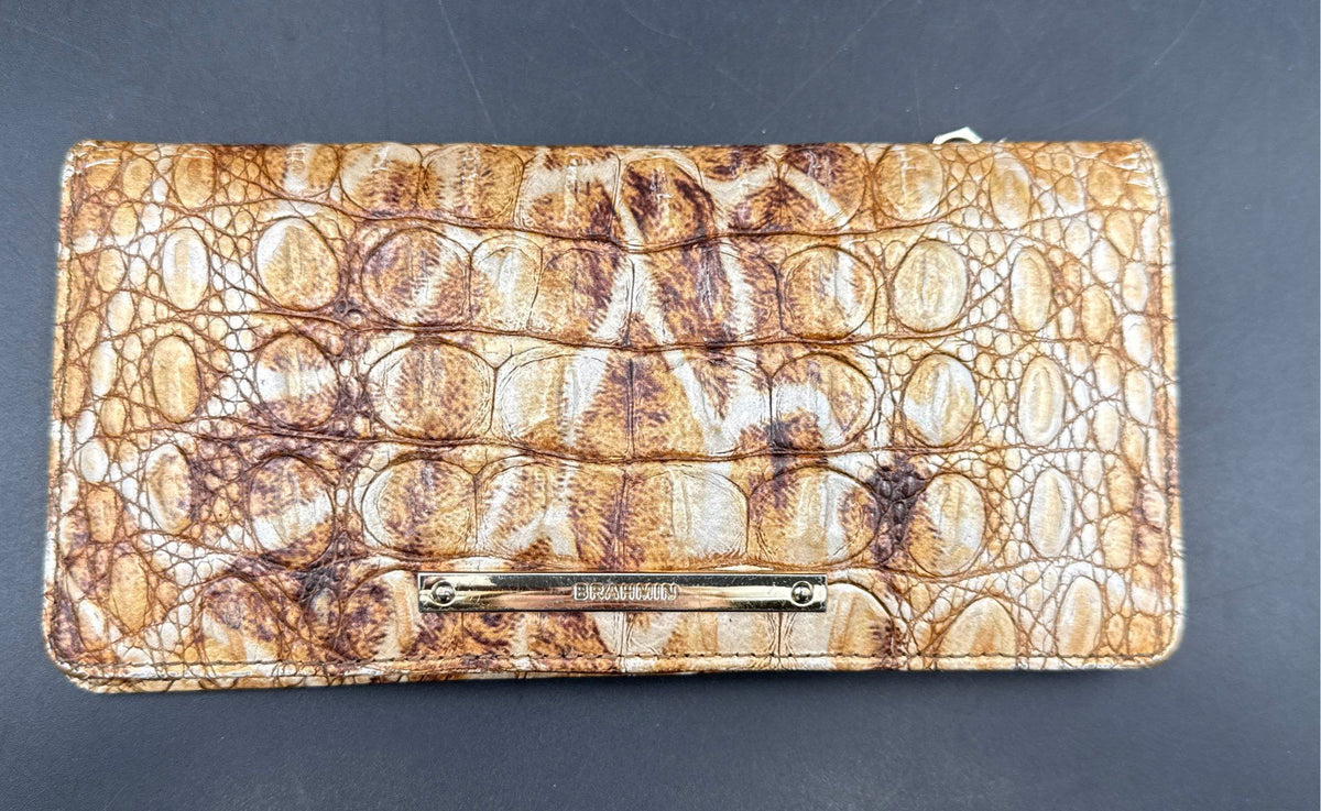 Brahmin Tan Gold Croc Embossed Leather Slim Tri-fold Wallet Gold Hardware