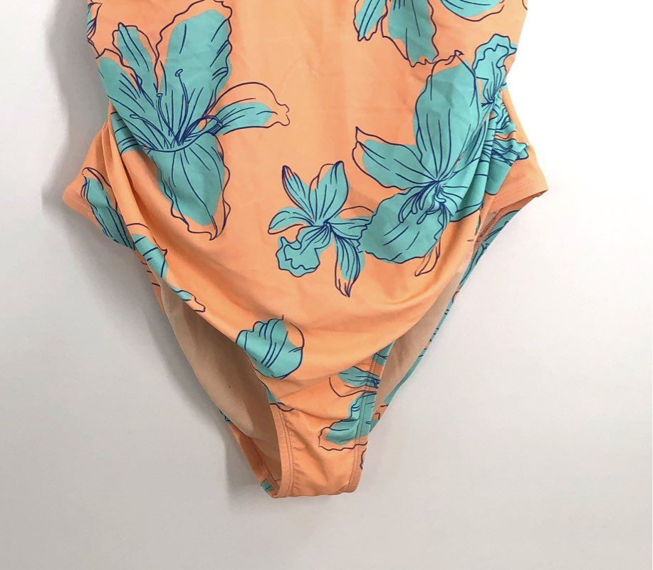 Cupshe Women's Peach Floral Tropical Halter V-Neck One Piece Swimsuit Sz 2X NWT