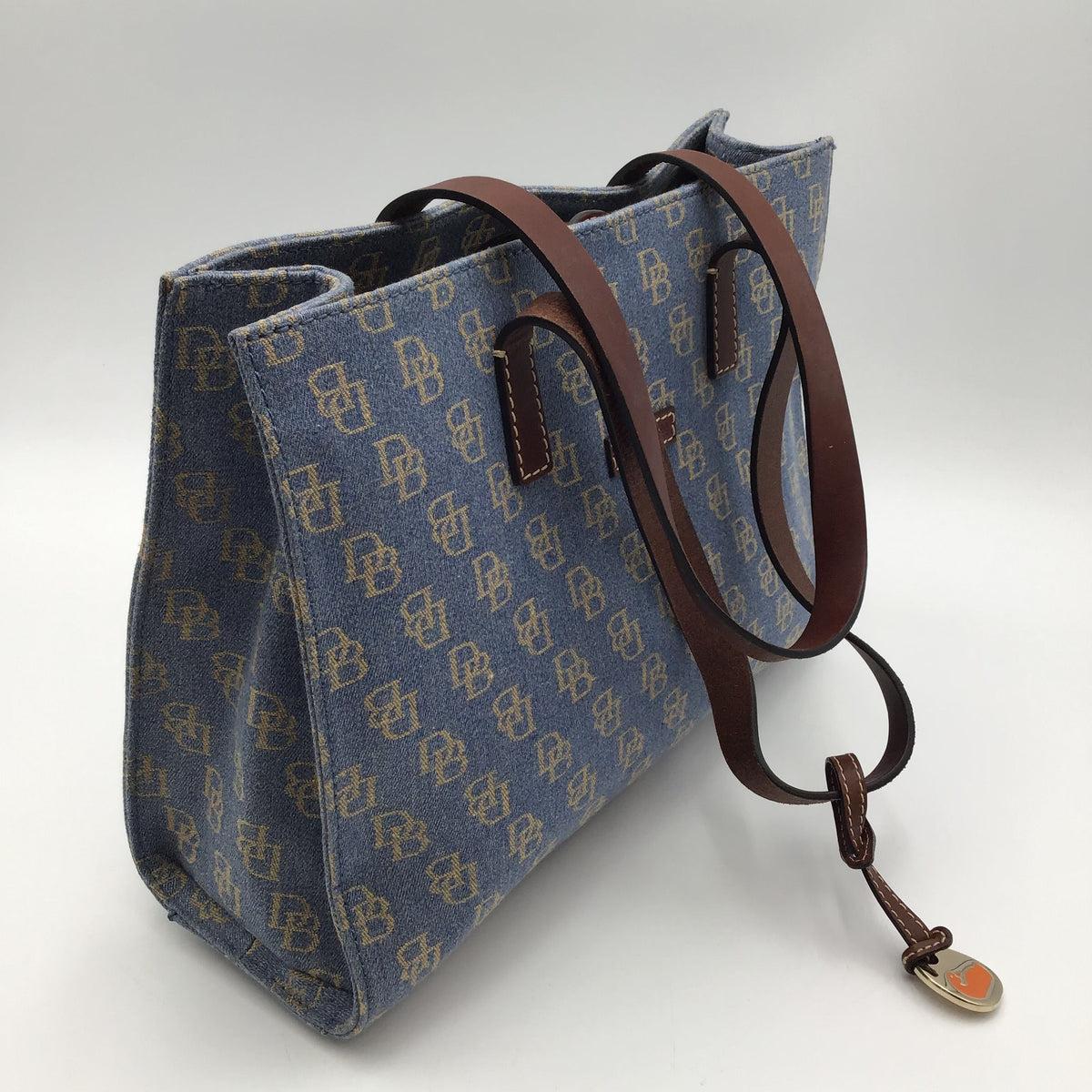 Authentic Dooney &amp; Bourke Women&#39;s Blue Gold Signature Print Luxury Tote Bag-COA