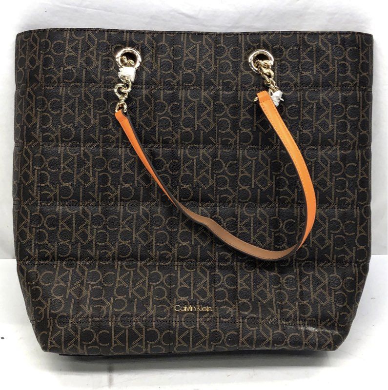 Calvin Klein Brown Monogram Coated Canvas Tote Bag Orange Gold Hardware