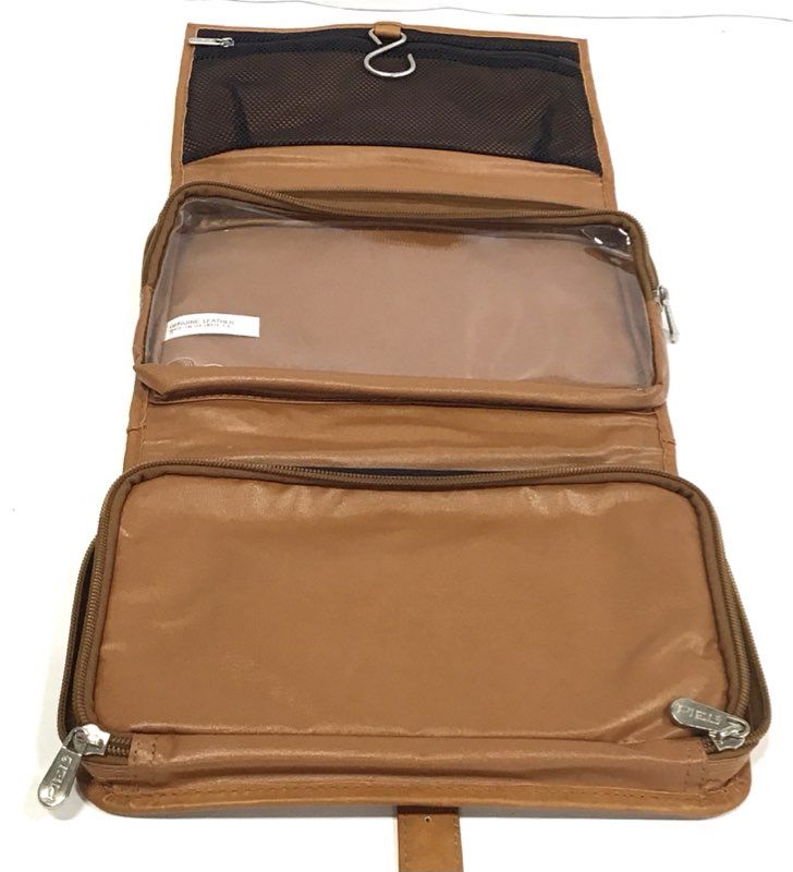 Piel Tan Genuine Leather Hanging Toiletry Bag Travel Dopp Kit Silver Hardware