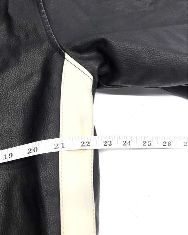 Arizona Men's Black Cream Stripe Faux Leather Cafe Racer Moto Jacket Sz L