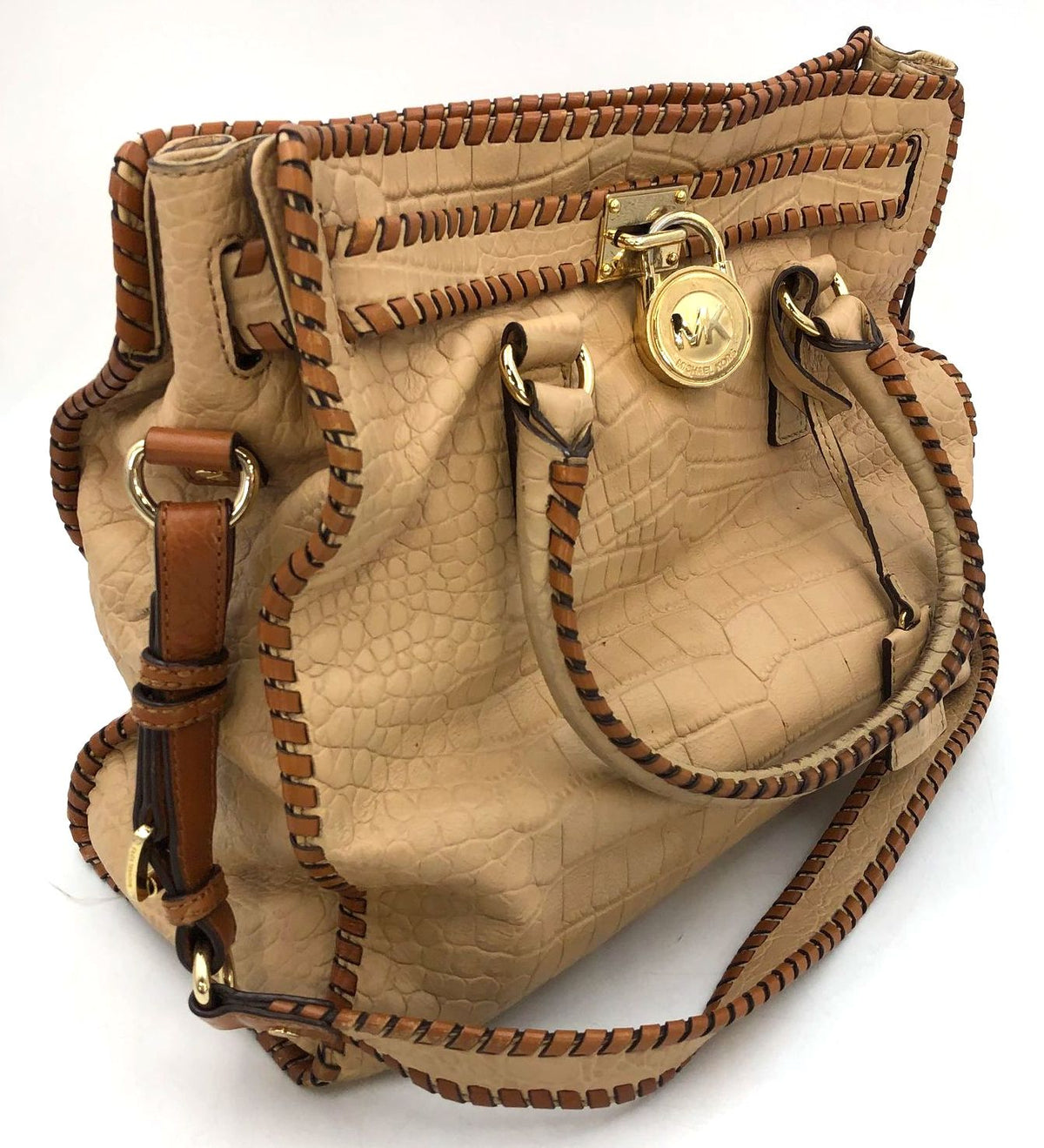 Michael Kors 'Hamilton' Tan Croc Embossed Leather & Brown Whipstitch Tote (+COA)