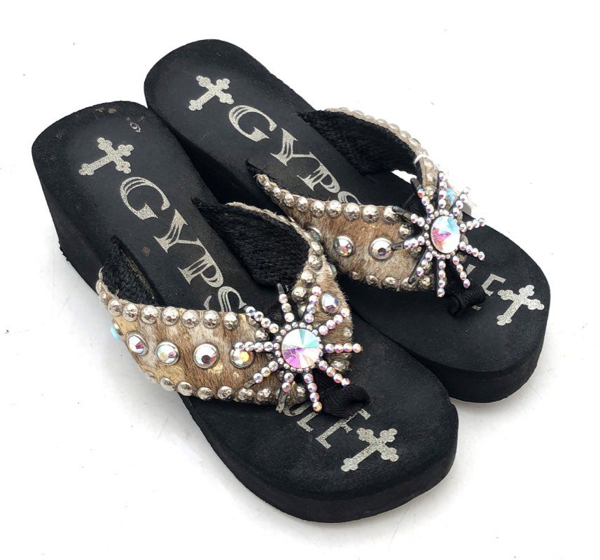 Gypsy Soule Leopard Calf Hair Crystal Studded Platform Wedge Sandals Size 6