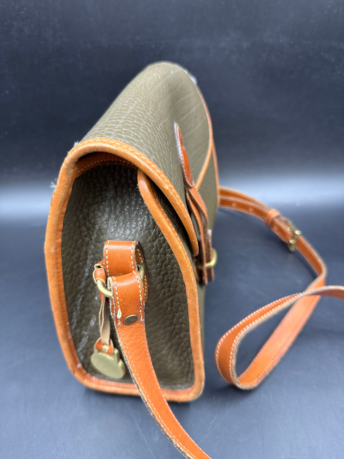 Vintage 90s Dooney & Bourke Olive Green All Weather Leather Crossbody Bag COA