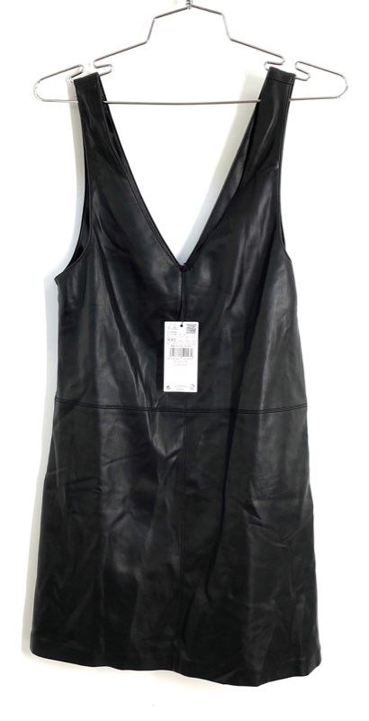 Mango Women's Black Faux Leather Pichi 447Sixties Pinafore Dress NWT Sz XXS