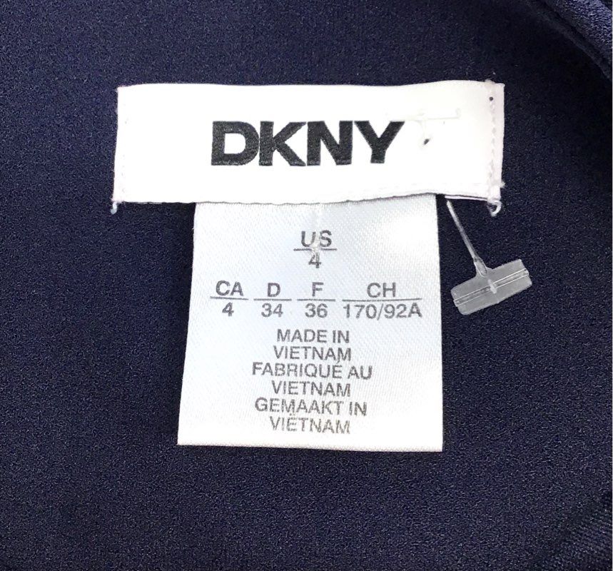 DKNY Women's Navy Blue Ruched Sheath Dress Short Puff Sleeve Gold Zip Sz 4 NWT