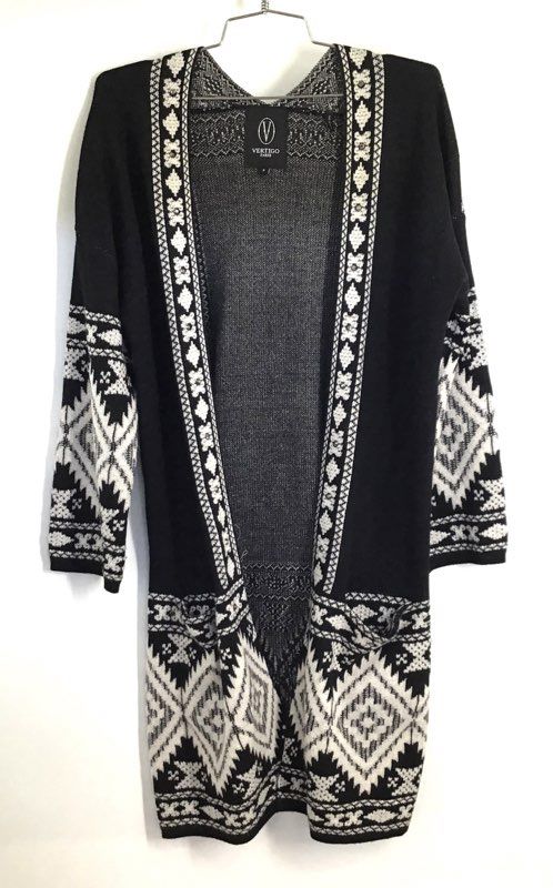 Vertigo Paris Women's Black White Geometric Open Front Longline Cardigan Sz S