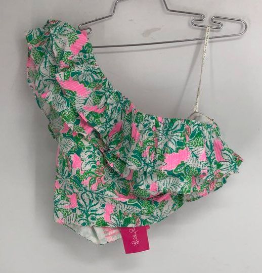 Lilly Pulitzer Kasida Ruffle Crop Top Pink Green One Shoulder NWT Women's 10