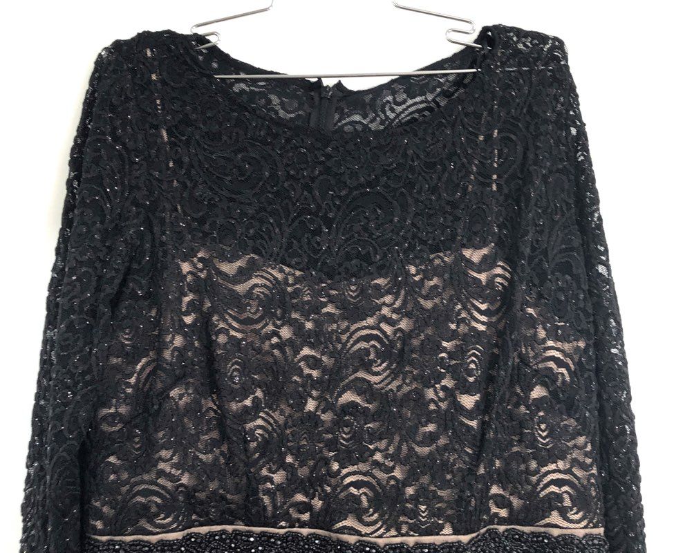 Alex Evenings Women's Black Lace Beaded Waist Long Sleeve Dress Sz 14W NWT