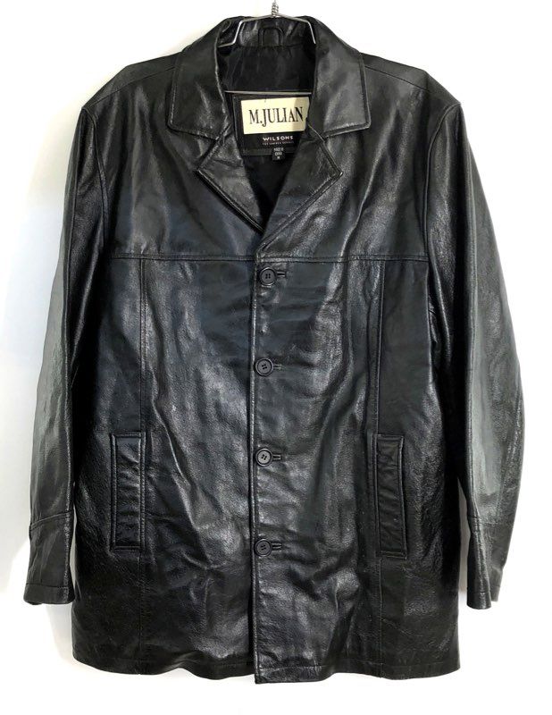 M. Julian Wilsons Men's Black Leather Button Front Car Coat Jacket Sz M