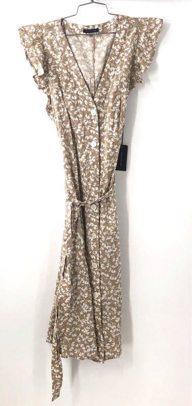 Tommy Hilfiger Women's Tan Floral Button Front Ruffle Midi Dress Sz 14 NWT