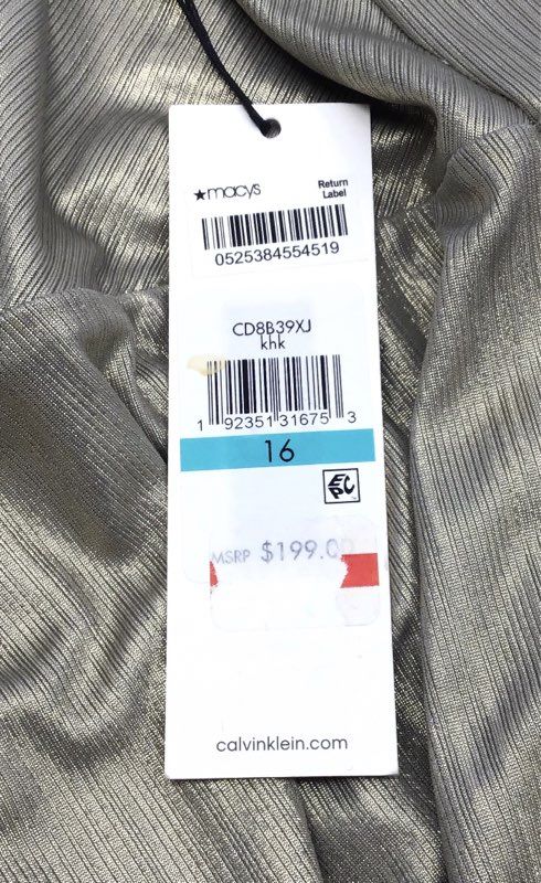 Calvin Klein Women's Gold Metallic Knot Front Gown Sleeveless Sz 16 NWT