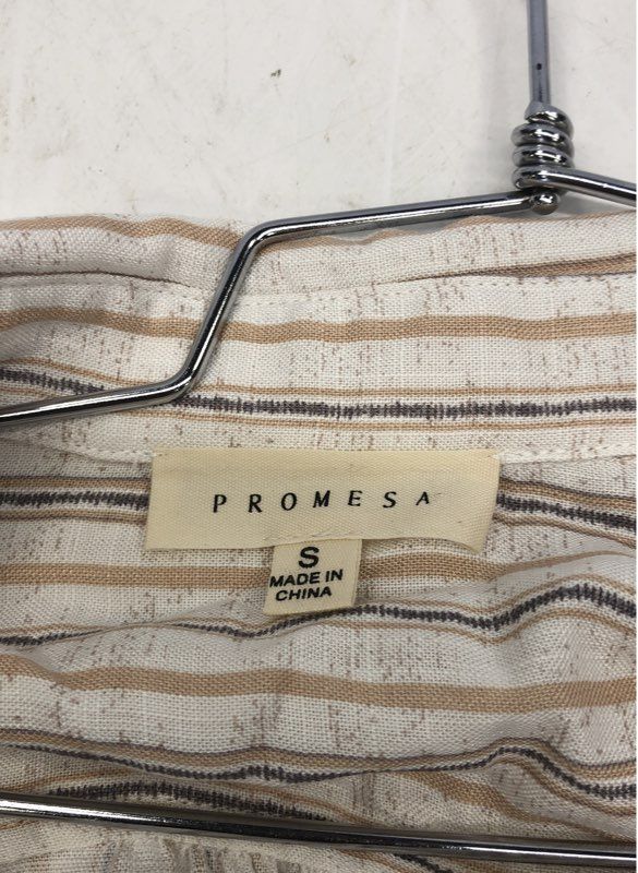 Promesa Women's Tan Striped Tie Front Long Sleeve Button Down Crop Blouse Sz S