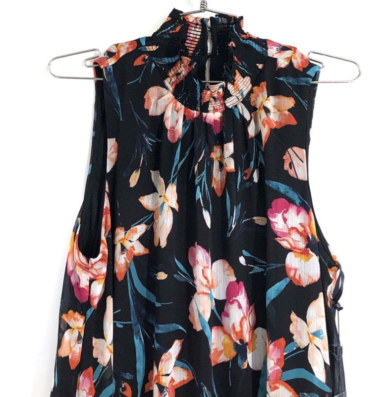 Tommy Hilfiger Womens Black Floral Smocked Mock Neck Sleeveless Blouse NWT Sz 12
