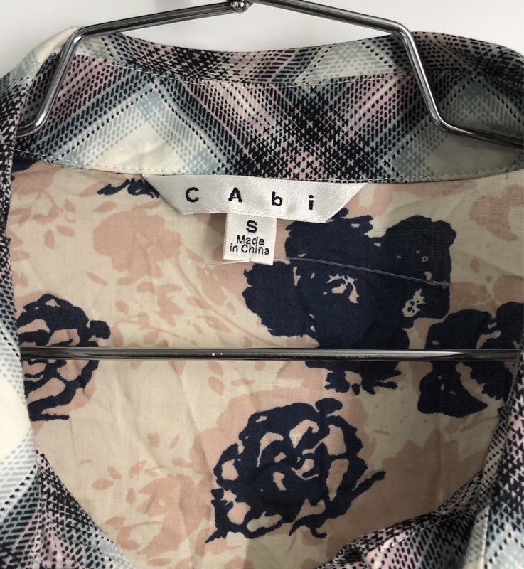 Cabi Women's Plaid Floral Contrast Back Button Front Cotton Shirt Blouse Sz S