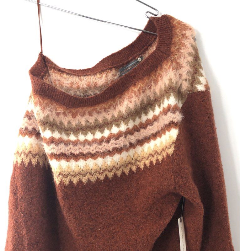 NWT Anthropologie Women's Fair Isle One Shoulder Sweater Honey Alpaca Blend XL