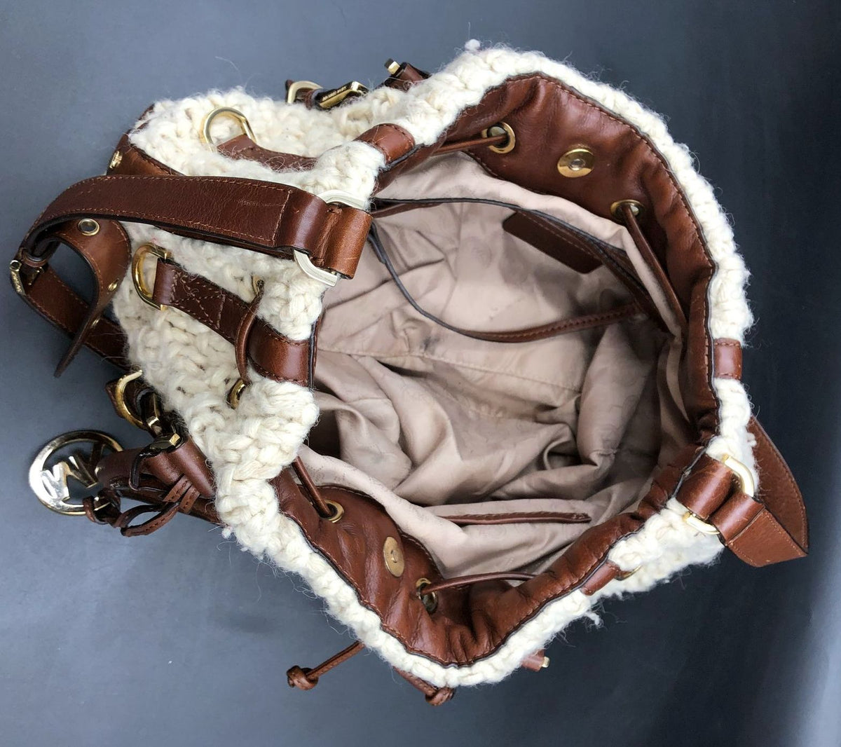 Michael Kors Beige Knit Yarn & Brown Leather Shoulder Bag w/ Gold Accents (+COA)