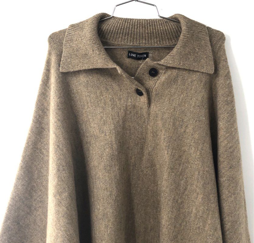 Love Token Women's Hayes Poncho Sweater Oatmeal Collared Knit NWT Sz M/L
