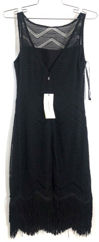 Karen Millen Women's Black Mesh Chevron Fringe Sheath Dress Sz 4 NWT