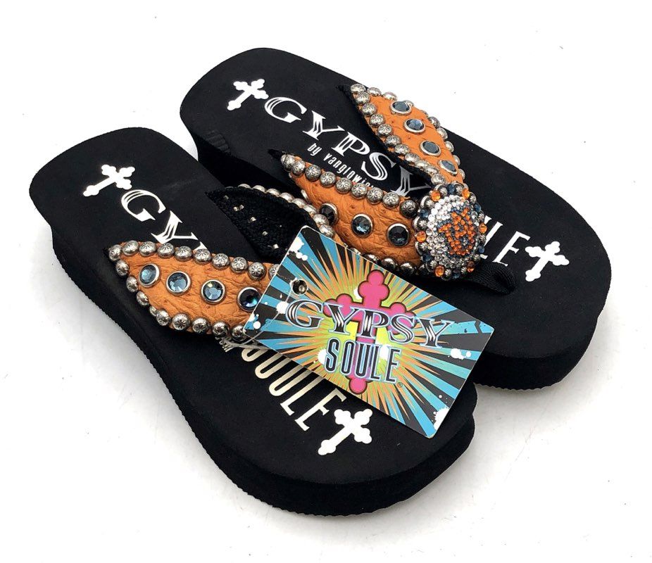 Gypsy Soule Auburn University Crystal Ostrich Leather Wedge Sandals Size 6 NWT