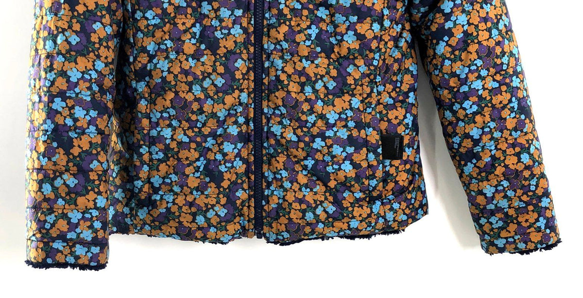 The North Face Girl's Mossbud Swirl Reversible Jacket Floral Navy Orange Sz M