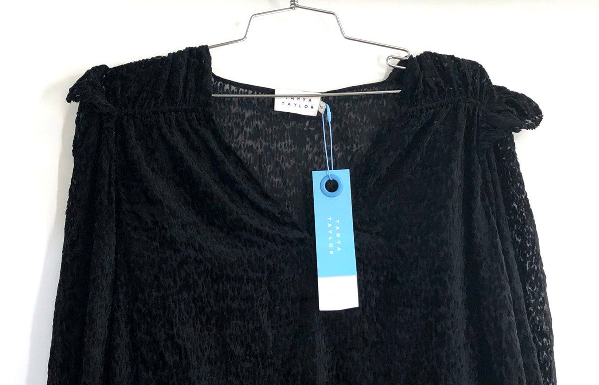 Tanya Taylor Women's Black Lucy Top Devore Animal Print Ruffle Sz XS NWT