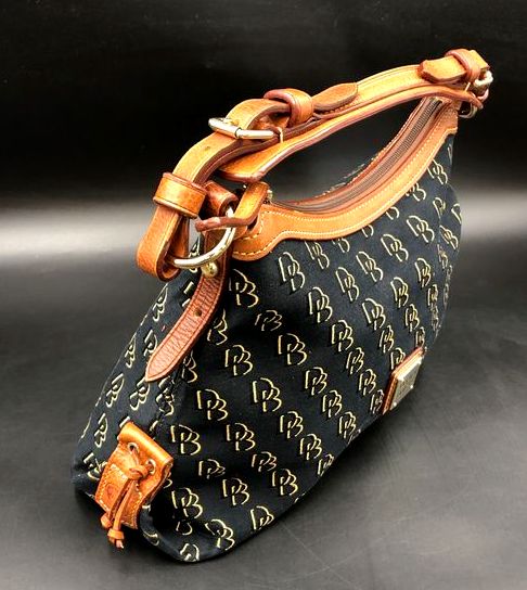 Dooney & Bourke Black Canvas Signature Satchel Shoulder Bag Brown Leather COA