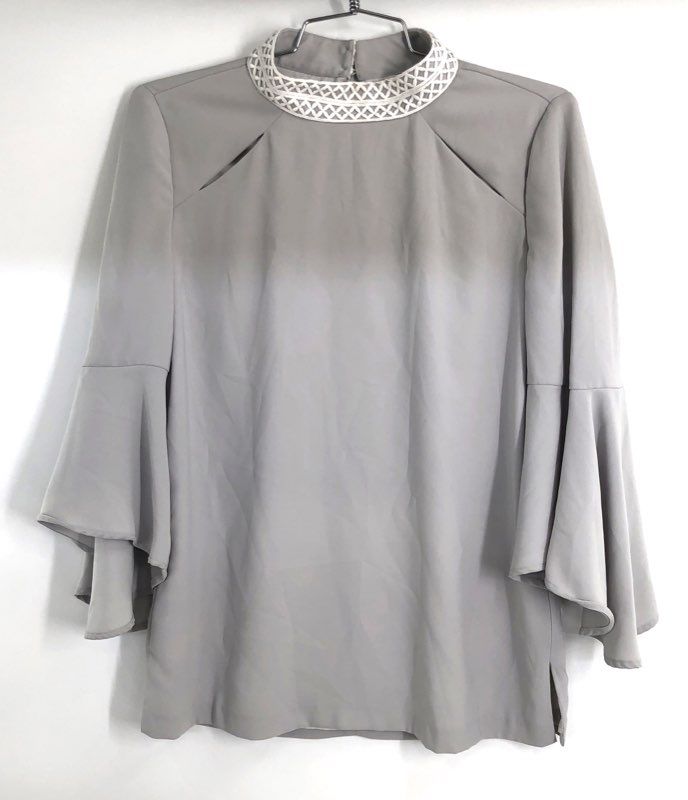 Anna Cate Women's Gray Embroidered Mock Neck Tiered Bell Sleeve Blouse Size XS