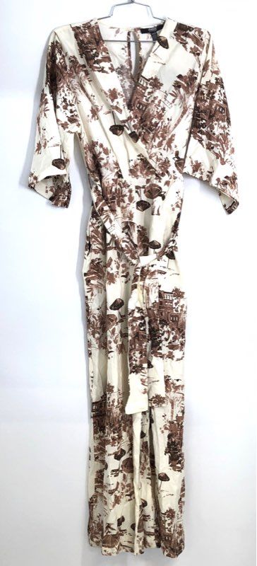 ABS Allen Schwartz Women's Cream Brown Toile Jumpsuit Wide Leg Sz M NWT