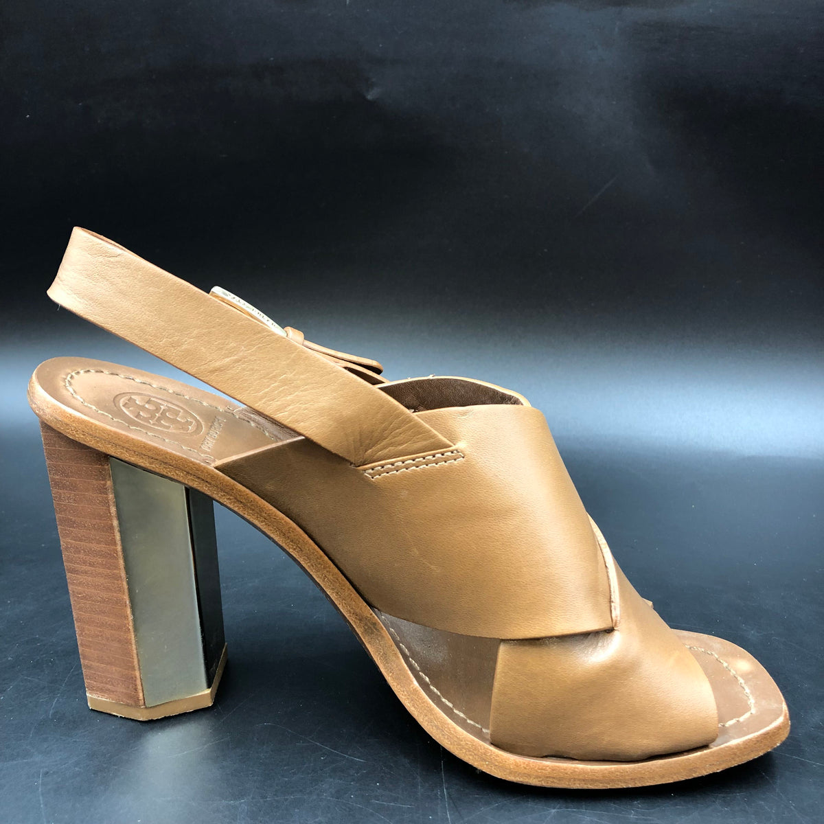 Tory Burch Brown Leather Cross Band Slingback Block Heel Sandals Size 7 COA