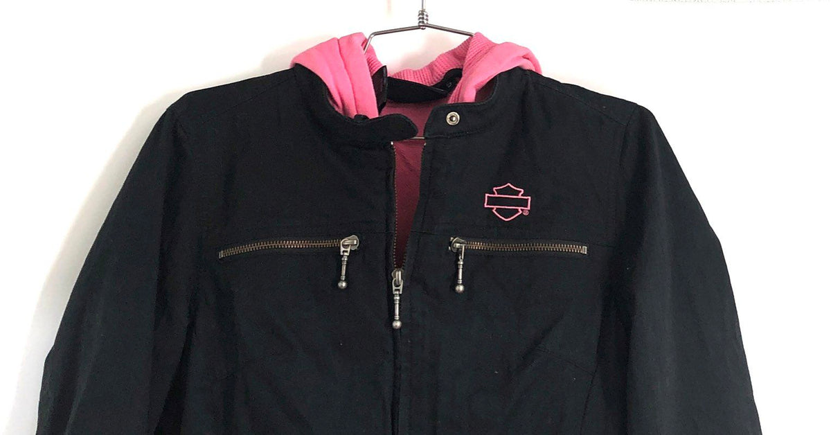 Harley-Davidson Women's Black Cotton Moto Jacket Pink Hood Side Lace Sz S