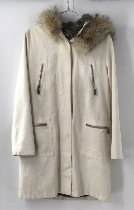 Vintage Women's Rabbit Fur Lined Parka Coat Cream Hooded Real Fur Trim USA L