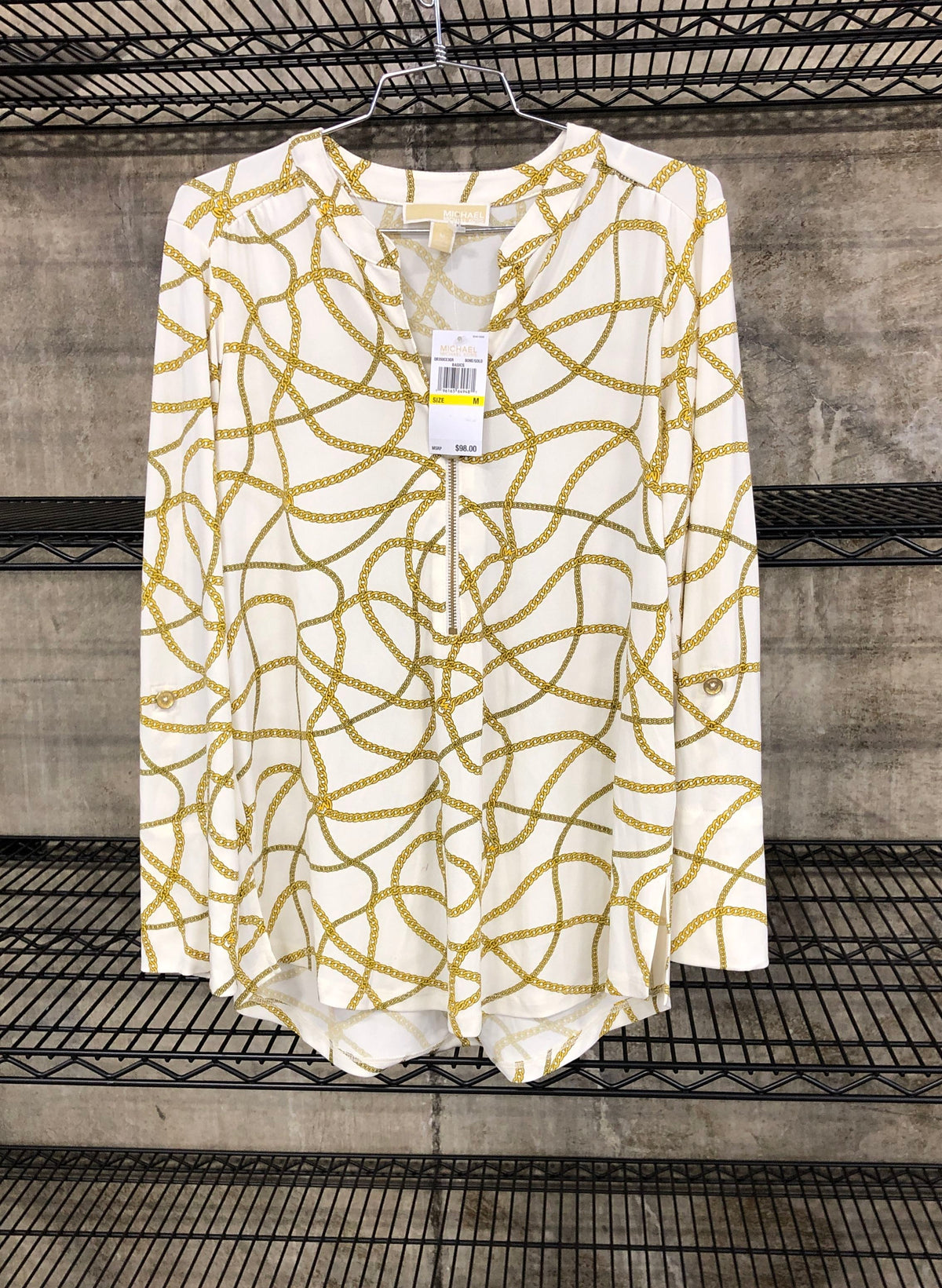Michael Kors Women's Bone Gold Chain Print Quarter Zip Blouse NWT Sz M