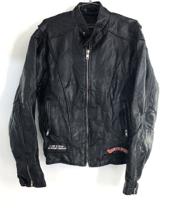 Vintage Diamond Plate Buffalo Leather Biker Motorcycle Jacket Patches Sz M